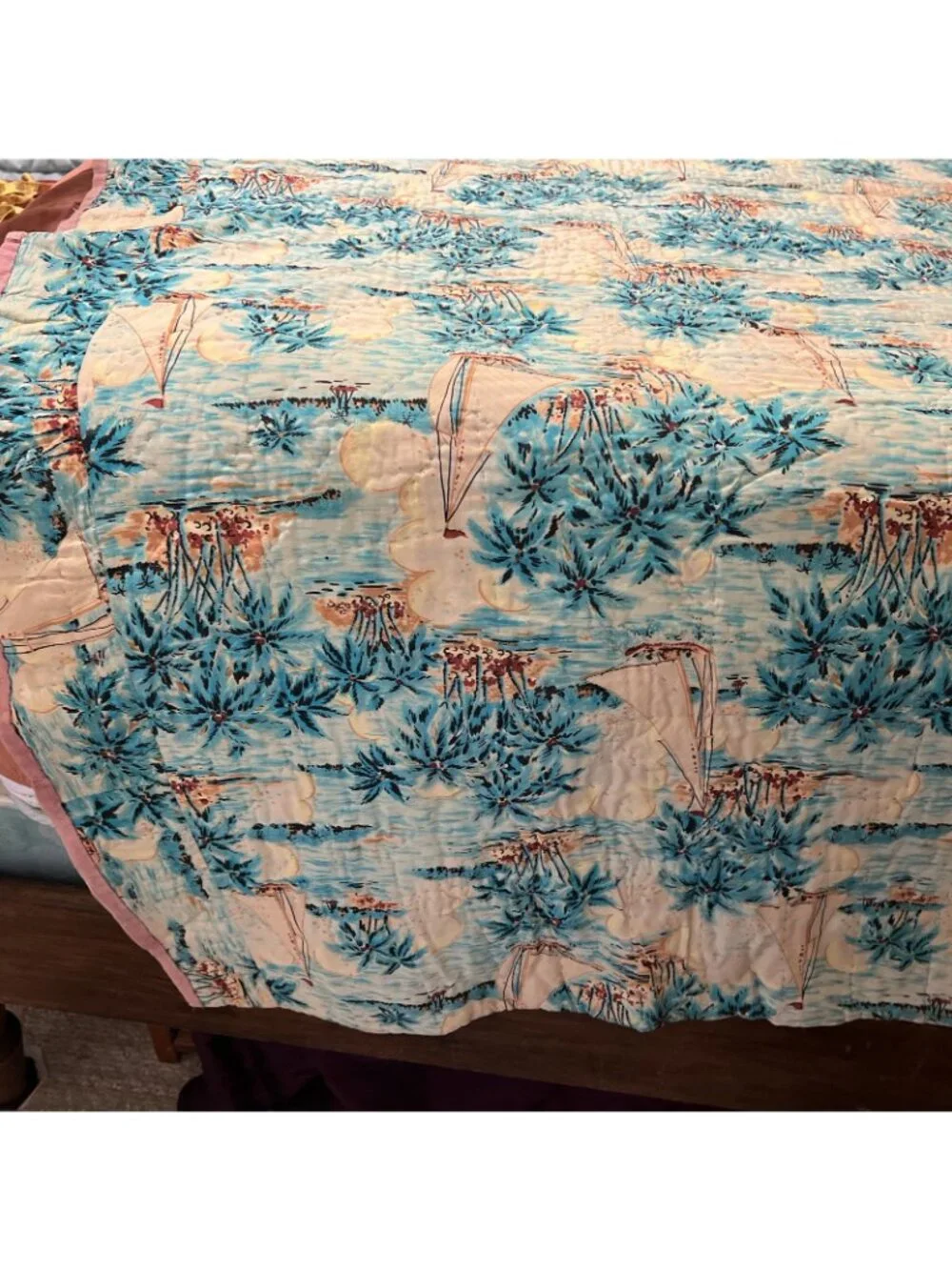 Quilt Vintage HANDMADE PIECE 76x76.5” BLOCKs & Triangles Wellloved showing it